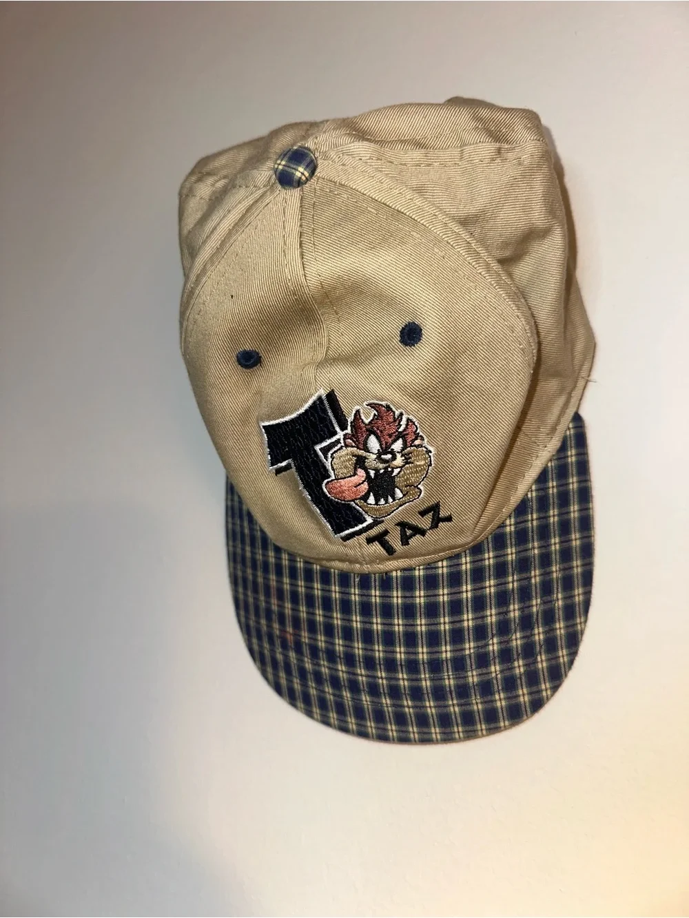 1996 Taz Embroidered Khaki Baseball Cap with Plaid Brim
